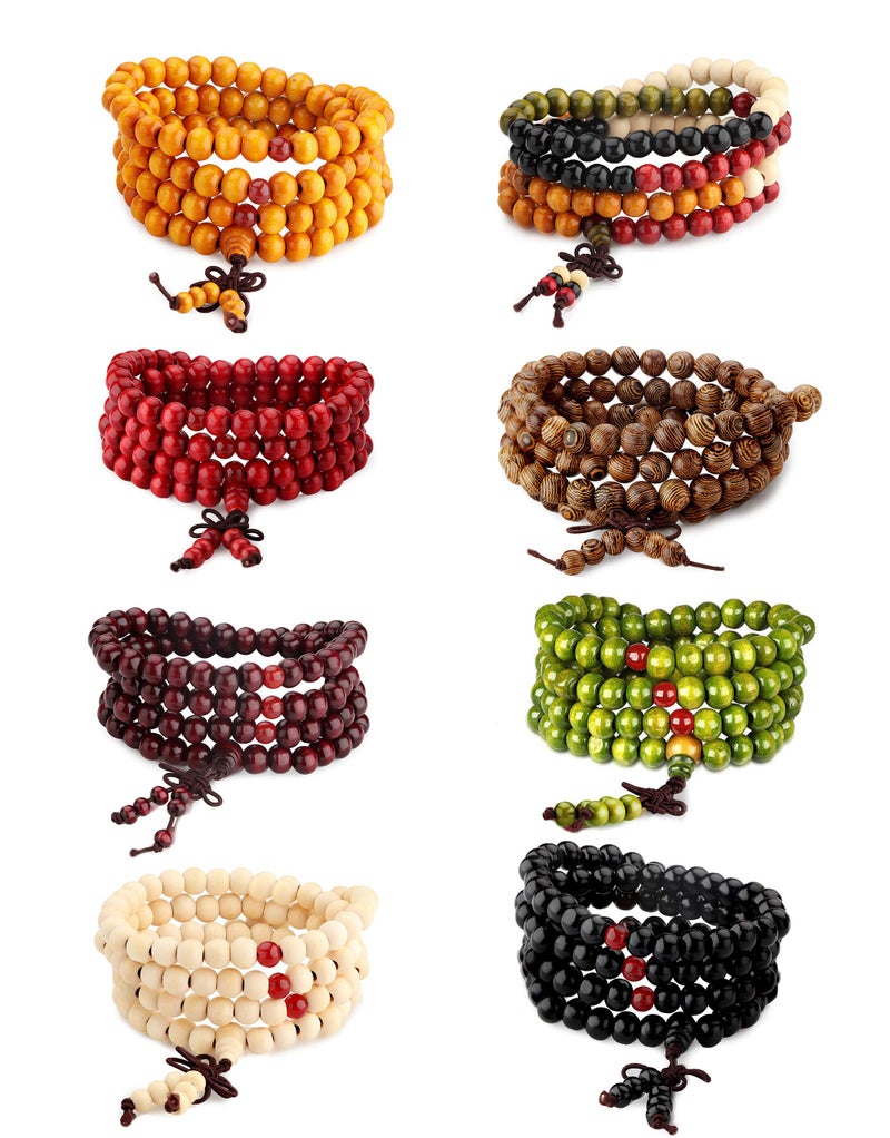 LOYALLOOK 8Pcs 108 Mala Bead Bracelets 8MM Tibetan Buddha Wood Beaded Sandalwood Link Wrist Necklace Chain Bracelets Multilayer Buddhist Prayer Strand Bracelet Meditation Necklace Elastic Chinese Knot - Image 1